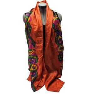 Vtg Colorful Lightweight Silk Shawl Scarf 32" x 76" Orange Multicolor Trim